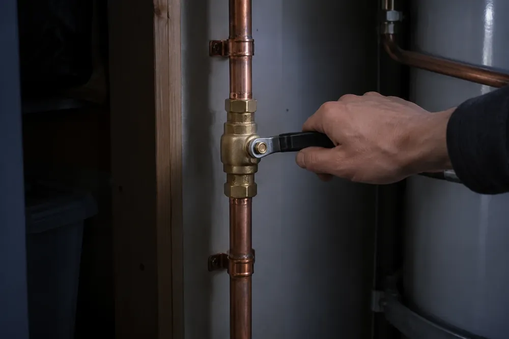 Hand turning a main water shut-off valve in a closet lit by a soft lamp