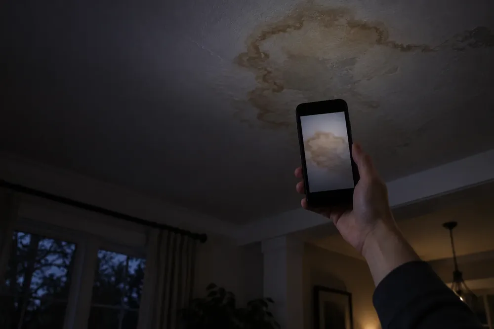 Hand holding a phone to photograph a water-stained ceiling in a dim room