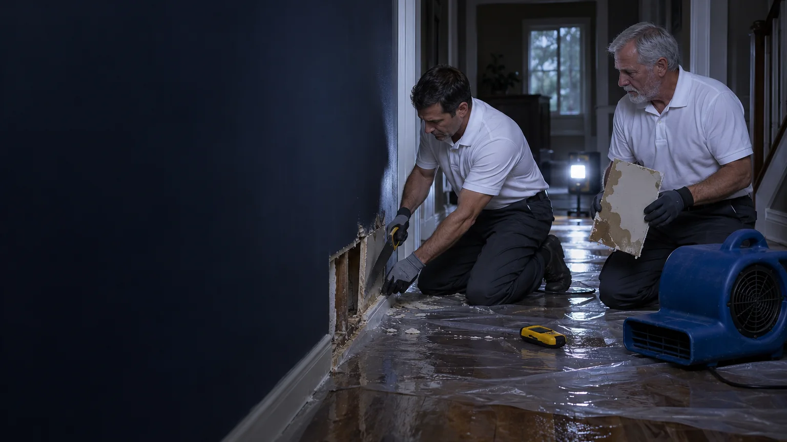Two technicians in work gloves cut out wet drywall in a dim hallway beside an air mover