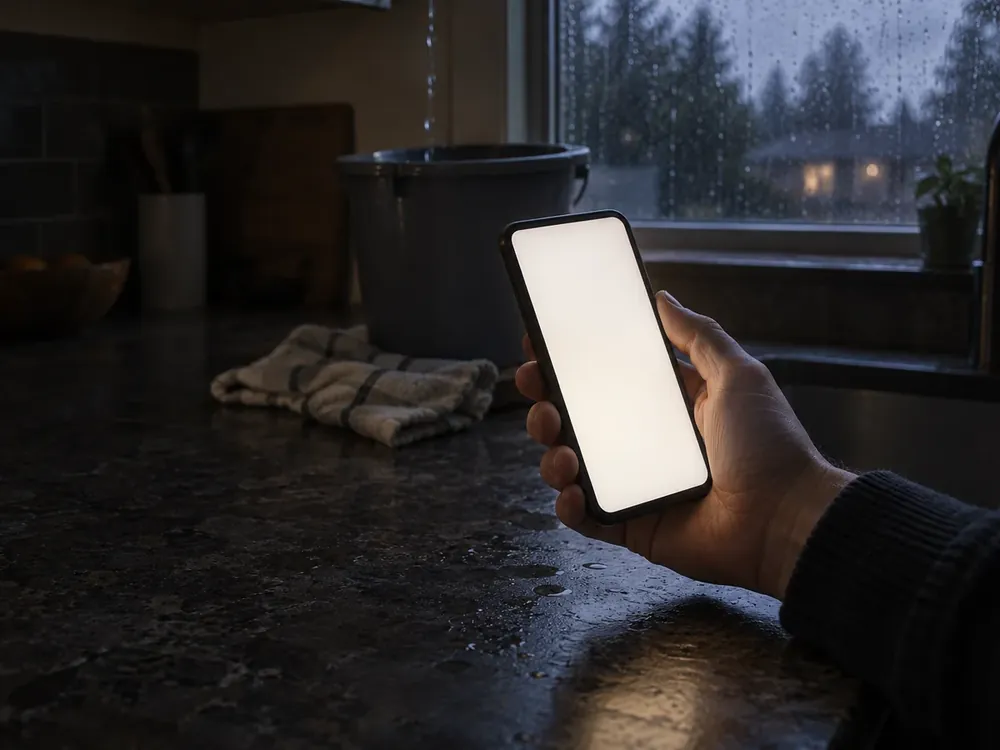 Hand holding a glowing phone at a kitchen counter with a bucket catching drips behind