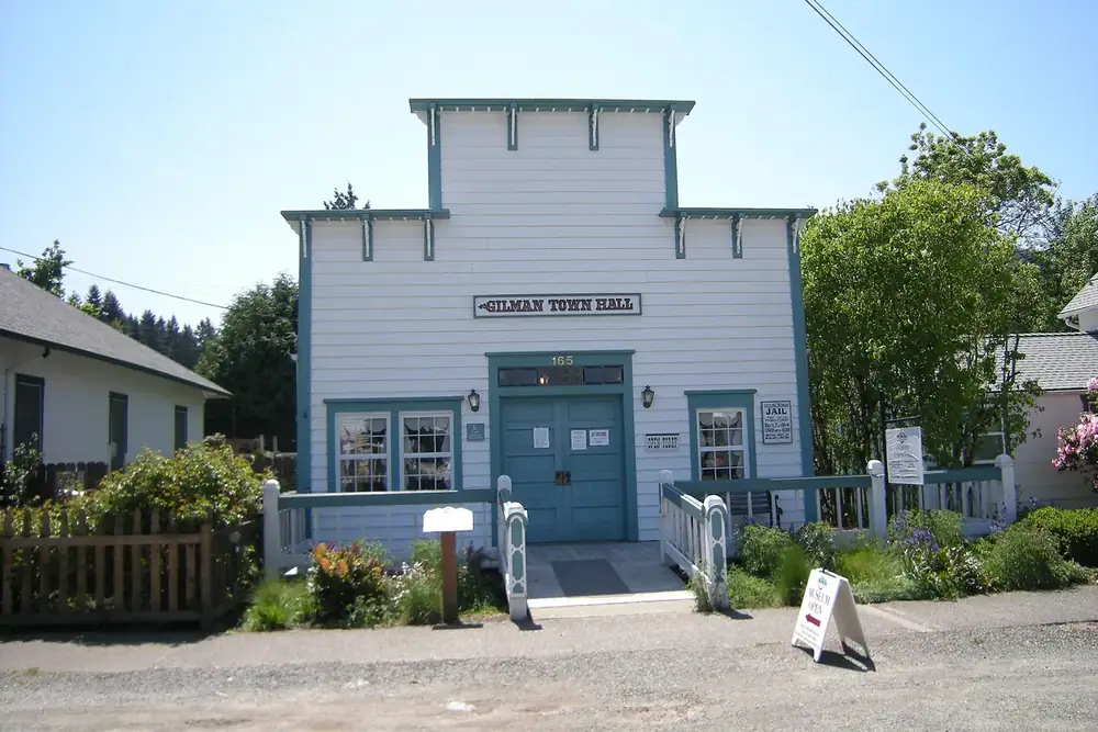 Gilman Town Hall, now a history museum, with a flower garden in Issaquah, Washington