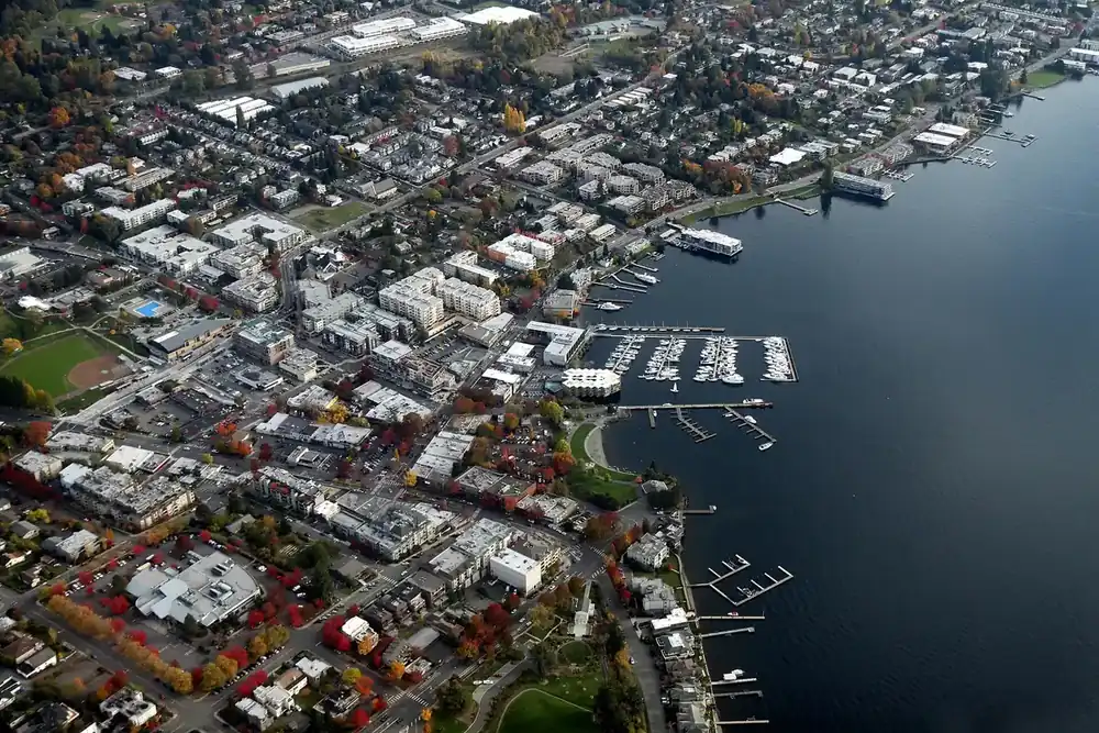 Aerial view of downtown Kirkland, Washington, and its marina on Lake Washington