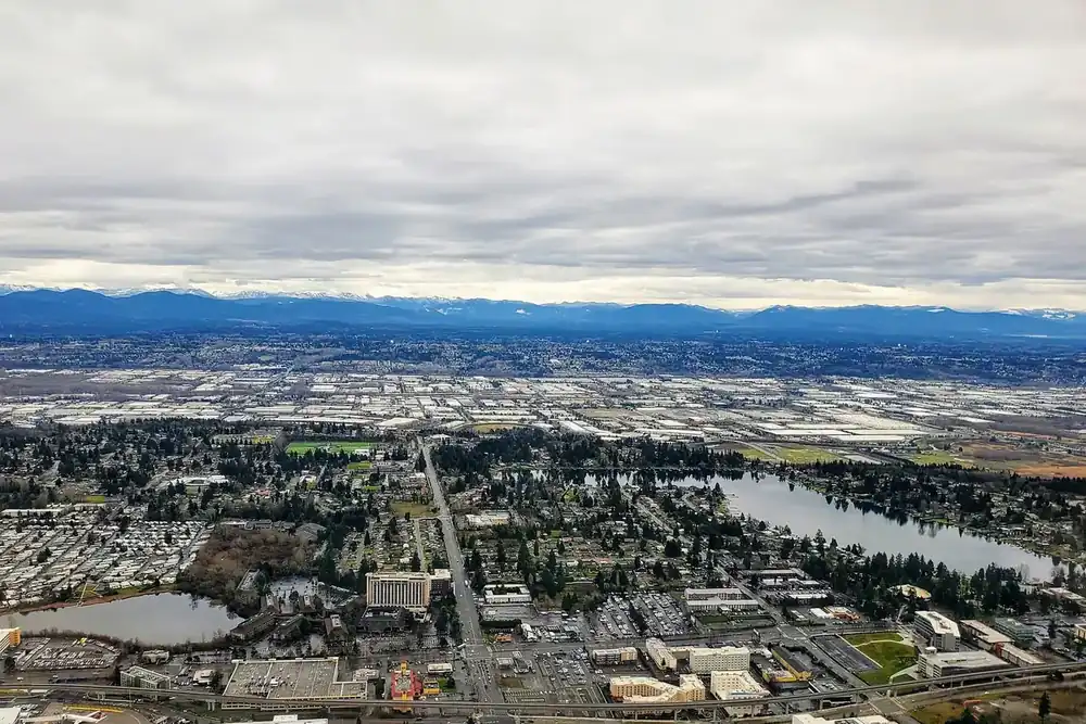 Aerial view of SeaTac, Washington, with two lakes and the airport area